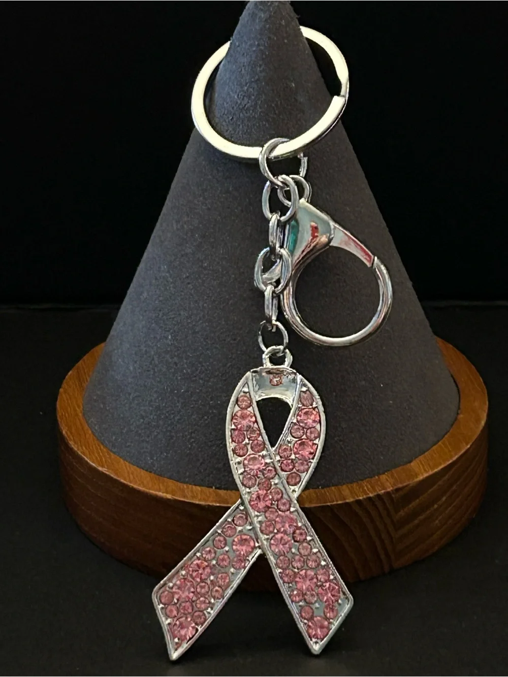 Pink Crystal Ribbon Bag Charm Keyring Keychain - Support Awareness - Silver